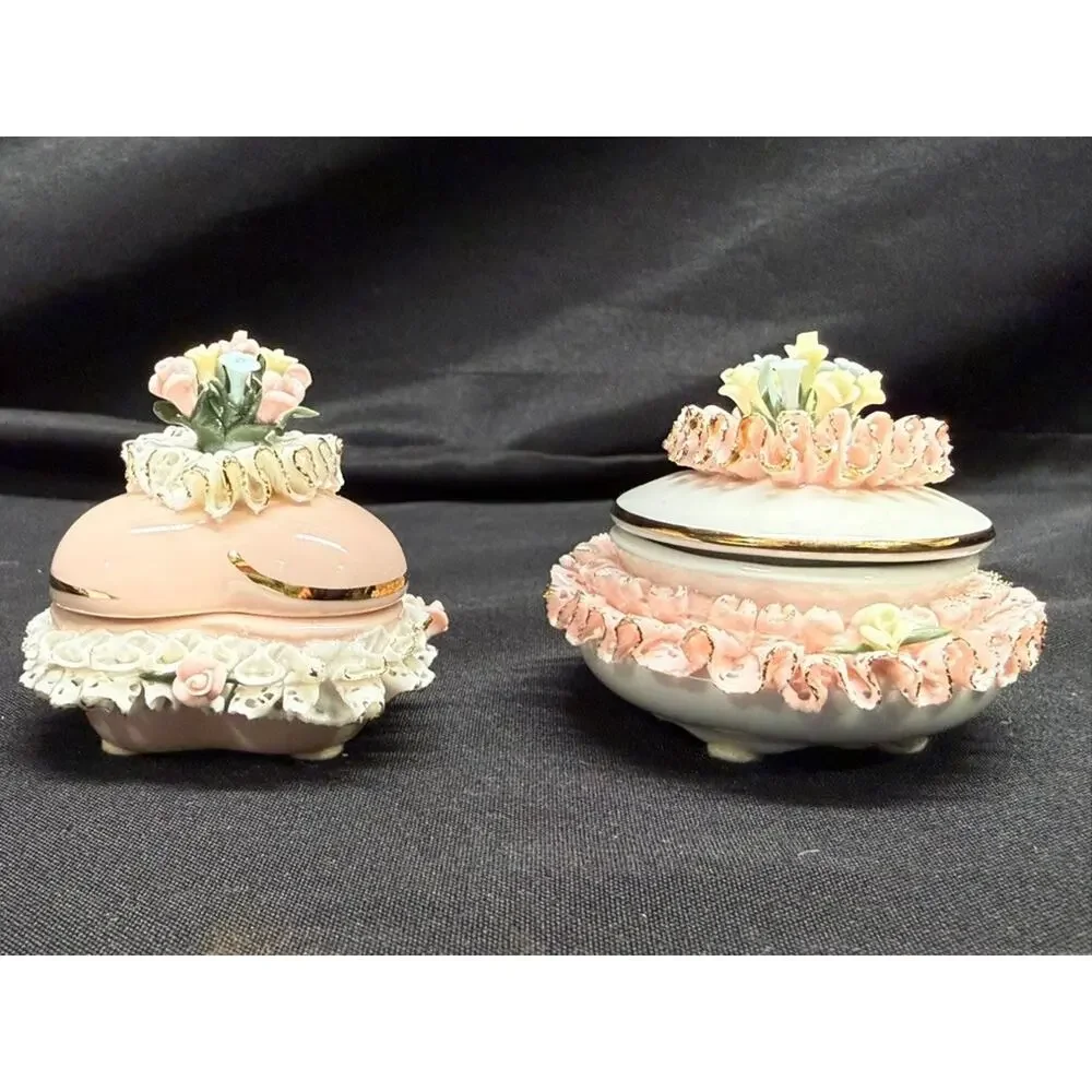 Set of 2 capodimonte porcelain trinket/jewelry boxes pink flowers heart Italy